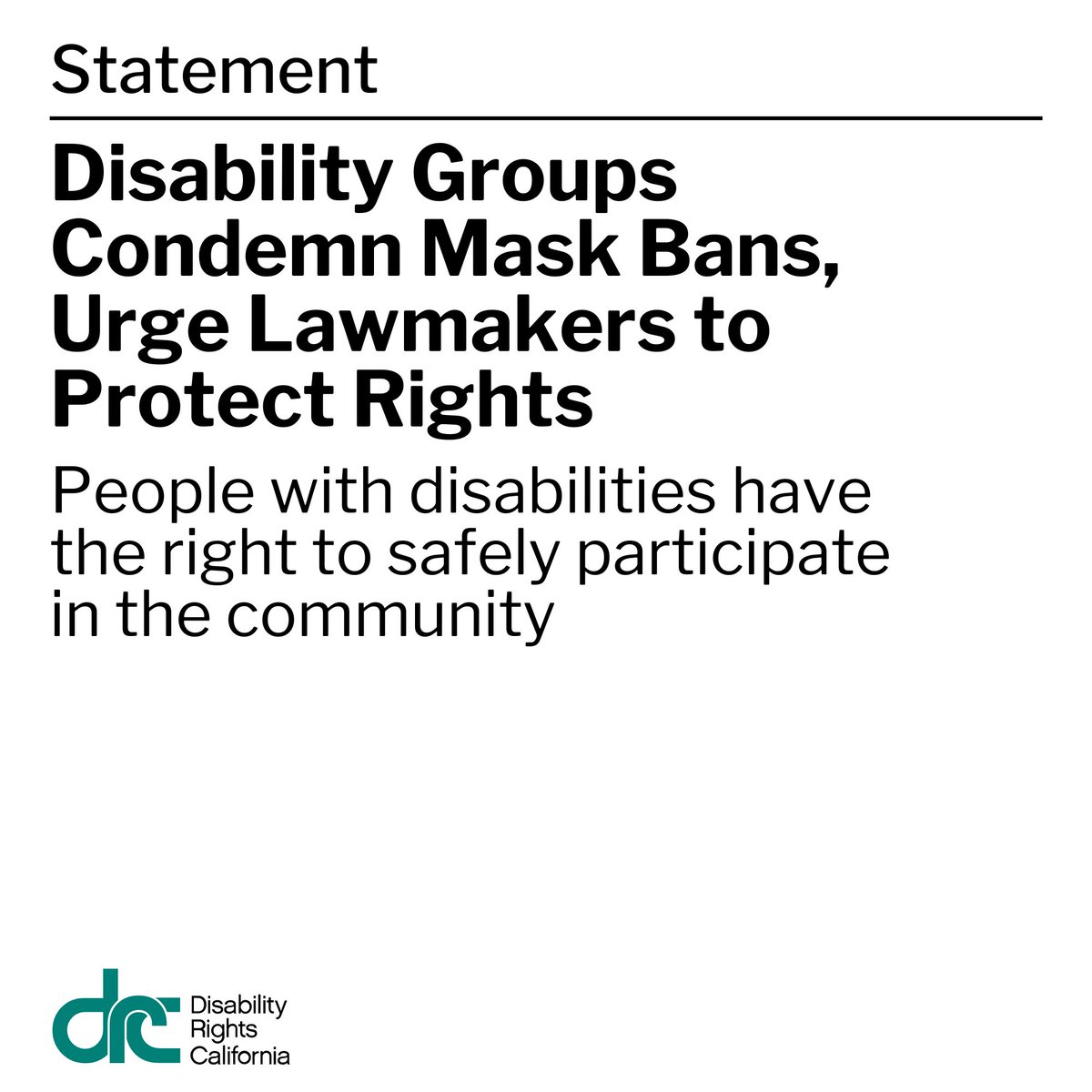 Disability Rights California (@disabilityca) on Twitter photo Disability Rights California (DRC) and Disability Rights Education & Defense Fund (<a href="/DREDF/">Disability Rights Education & Defense Fund</a>) are urging lawmakers to not pass laws against wearing masks during public protests. People with disabilities have the right to participate in the community safely during the ongoing Disability Rights California (DRC) and Disability Rights Education & Defense Fund (<a href="/DREDF/">Disability Rights Education & Defense Fund</a>) are urging lawmakers to not pass laws against wearing masks during public protests. People with disabilities have the right to participate in the community safely during the ongoing