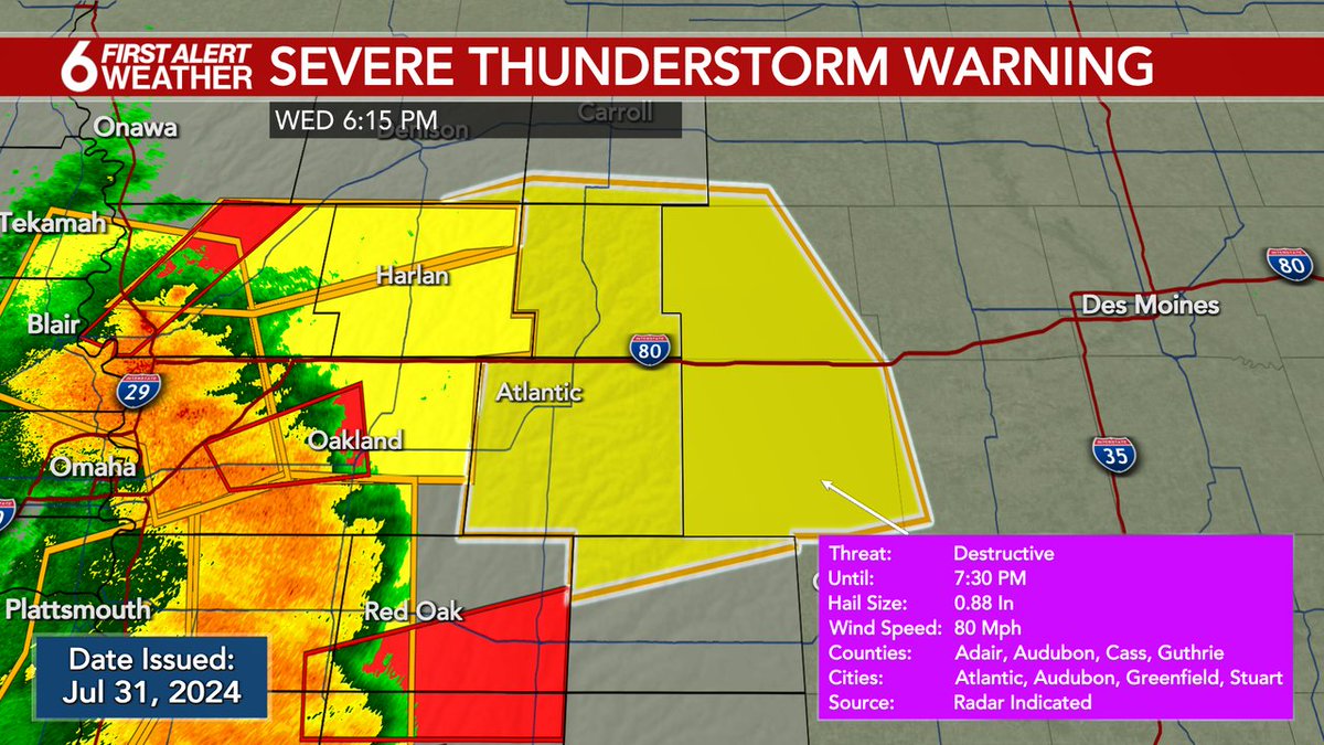 RustyLord's tweet photo. FIRST ALERT: A Severe Thunderstorm Warning is currently in effect for Cass, Adair, Audubon, Guthrie, Carroll, Adams, Crawford, Greene, Madison until Jul 31 7:30PM. THIS IS A DESTRUCTIVE STORM, SEEK SHELTER IMMEDIATELY! Check 6 News on air for more information. https://t.co/8I7kYkINNQ