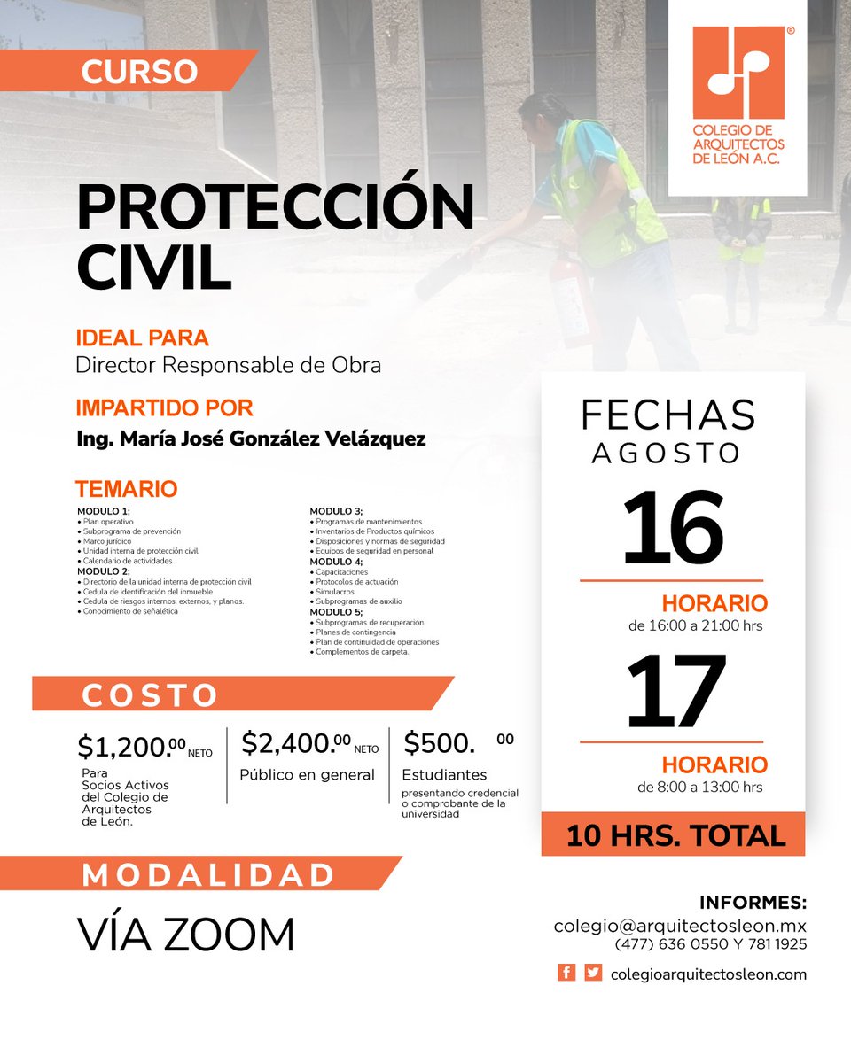 ¡No te pierdas el curso de Protección Civil impartido por la Ing. María José González Velázquez!

Fechas: 16 y 17 de agosto

Este curso es ideal para Directores Responsables de Obra y está diseñado para brindarte todas las herramientas necesarias en Protección Civil.