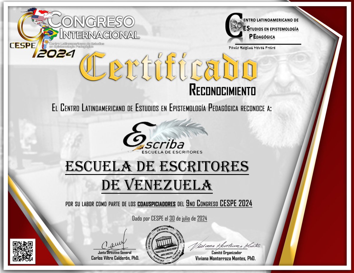 EscribaEscuela's tweet photo. Agradecidos con el Dr. Carlos Viltre Calderón, presidente del Centro Latinoamericano de Estudios en Epistemología Pedagógica por este reconocimiento a Escriba. Escuela de Escritores https://t.co/aIGqPX8rqs