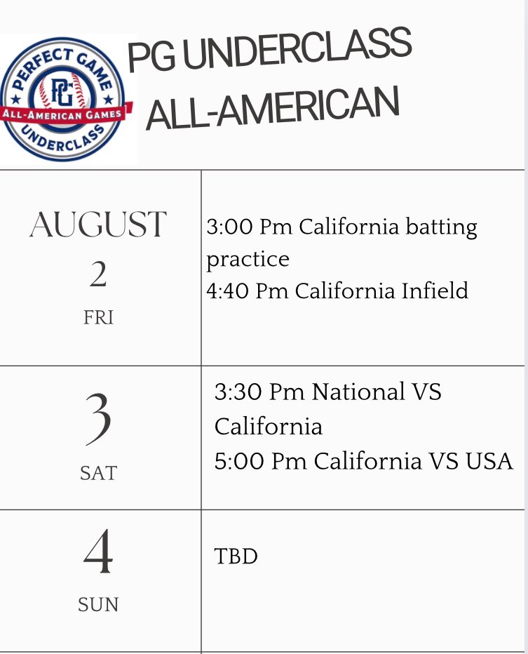 Here’s my schedule for the <a href="/PerfectGameUSA/">Perfect Game USA</a> Underclass All-American games <a href="/5starmafiawest/">Five Star Mafia West SD - Derric Waller</a> <a href="/UnionBsbSystems/">UnionBaseballSystems</a>