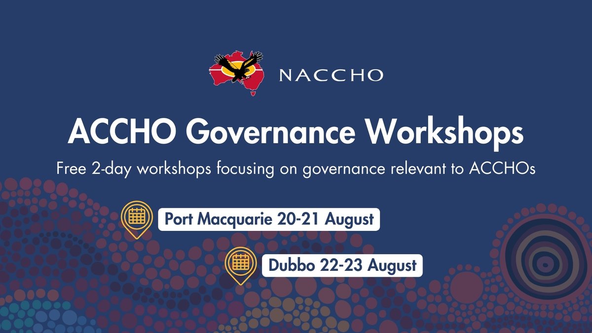 NACCHOAustralia's tweet photo. Mark your calendars… ✏️NACCHO’s Governance Workshops are coming to :
- Port Macquarie 20 - 21 August and
- Dubbo 22 – 23 August.
Register here: https://t.co/KEND97ko0m
#OurHealthInOurHands #GovernanceWorkshops #ACCHOs
@ahmrc https://t.co/04ZgZekvDw