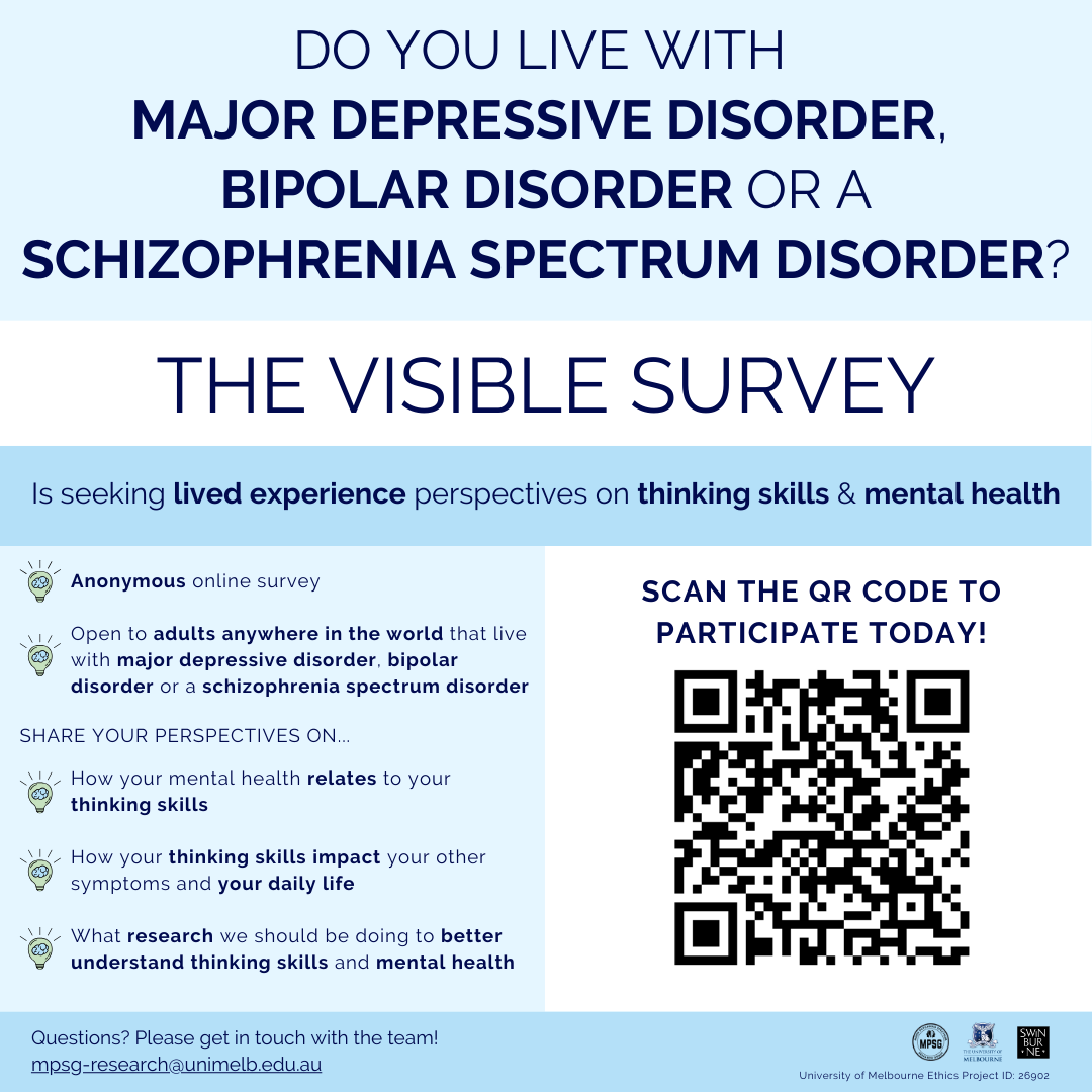 Dr Tamsyn VanRheenen (@tamsynvr) on Twitter photo We are still recruiting for the VISIBLE study. If you have schizophrenia or a mood disorder, this is your chance to share your perspective on your thinking (cognitive) skill challenges & the research we should be doing to better understand them! tinyurl.com/43z2xpvj We are still recruiting for the VISIBLE study. If you have schizophrenia or a mood disorder, this is your chance to share your perspective on your thinking (cognitive) skill challenges & the research we should be doing to better understand them! tinyurl.com/43z2xpvj