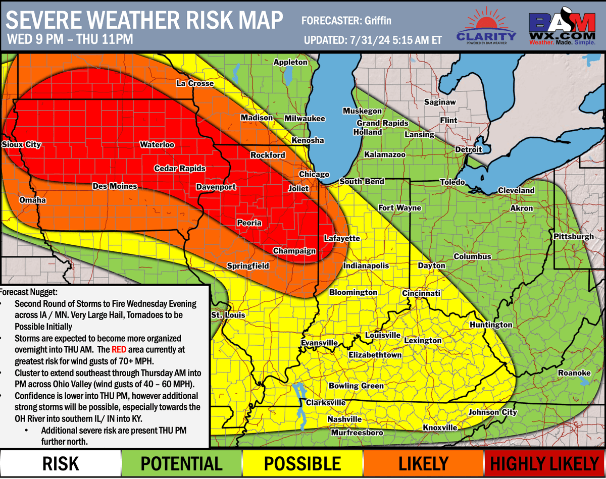 ⛈⚠An intense line of thunderstorms has developed in western Iowa that currently holds 80 MPH winds💨 and large hail. This storm cluster will continue to track to the east throughout Iowa, then we gradually expect it to take a southeast dive overnight.

This cluster is expected