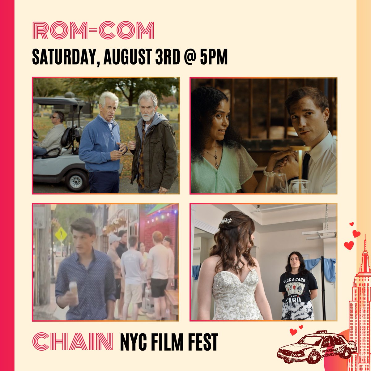 Rom-Com
Saturday August 3rd - 5PM
Tickets: ow.ly/IF1s50SOFAR

Sadie's Speech

SilverSizzle 

Statistical Probabilities 

The Bell Never Rings Again 

#romcom #shortfilm #filmfestival #chainfilmfestival #chainfilmfest #nycfilm #nycfilmfestival #indiefilm