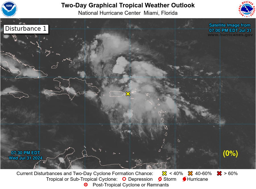 NHC_Atlantic's tweet photo. 8 pm EDT Jul 31: A tropical depression could form this weekend or early next week over the eastern Gulf of Mexico or far southwestern Atlantic, including in the vicinity of Florida, from a tropical wave currently located near Puerto Rico and the Virgin Islands.

Continue to monitor https://t.co/Wq6ZtKgfeH for the latest info on this system.