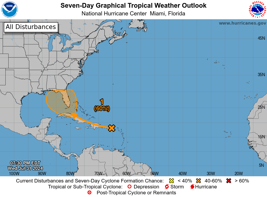 NHC_Atlantic's tweet photo. 8 pm EDT Jul 31: A tropical depression could form this weekend or early next week over the eastern Gulf of Mexico or far southwestern Atlantic, including in the vicinity of Florida, from a tropical wave currently located near Puerto Rico and the Virgin Islands.

Continue to monitor https://t.co/Wq6ZtKgfeH for the latest info on this system.