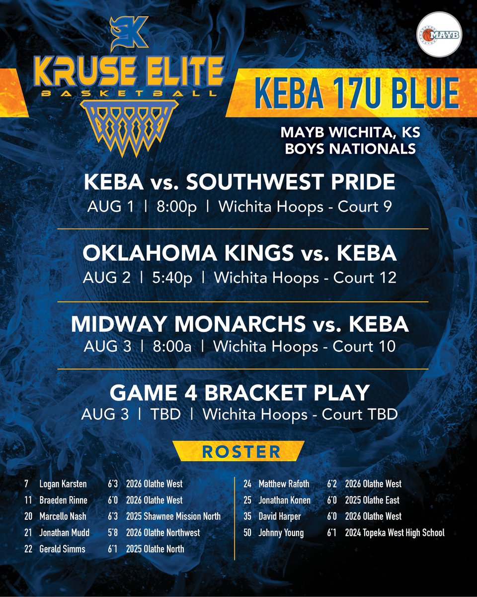 Jackson Kruse (@kruseeliteba) on Twitter photo KEBA 17u Blue Schedule for <a href="/MAYBbasketball/">MAYB</a> Nationals this upcoming weekend in Wichita! Last tournament of the spring/summer.
<a href="/RL_HoopsKS/">RecruitLook Hoops Kansas</a> <a href="/AYSABasketball/">AmericanYouthSportsAssociation (AYSA)</a> <a href="/MarketAthletes/">Market Athletes</a> <a href="/kansas_scout/">Kansas Scout</a> <a href="/KCHS_Hoops/">KC High School Hoops</a> @CoachBrightCAA <a href="/Uorangemen2/">Coach Davis Sr, 25yrs plus experience</a> KEBA 17u Blue Schedule for <a href="/MAYBbasketball/">MAYB</a> Nationals this upcoming weekend in Wichita! Last tournament of the spring/summer.
<a href="/RL_HoopsKS/">RecruitLook Hoops Kansas</a> <a href="/AYSABasketball/">AmericanYouthSportsAssociation (AYSA)</a> <a href="/MarketAthletes/">Market Athletes</a> <a href="/kansas_scout/">Kansas Scout</a> <a href="/KCHS_Hoops/">KC High School Hoops</a> @CoachBrightCAA <a href="/Uorangemen2/">Coach Davis Sr, 25yrs plus experience</a>