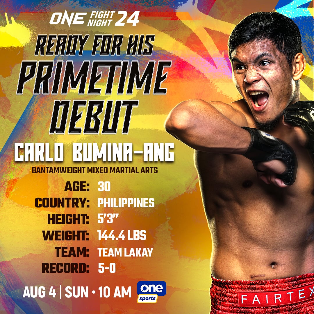 OneSportsPHL's tweet photo. WATCH OUT FOR THE BULL 👊🏽

Get to know Team Lakay’s Carlo Bumina-Ang as he gears up for his bantamweight MMA clash against Enkh-Orgil Baatarkhuu on ONE Fight Night 24 this Sunday, 10:00 a.m., here on One Sports.

#ONEChampionship #OFN24 https://t.co/FwdUrScWZq