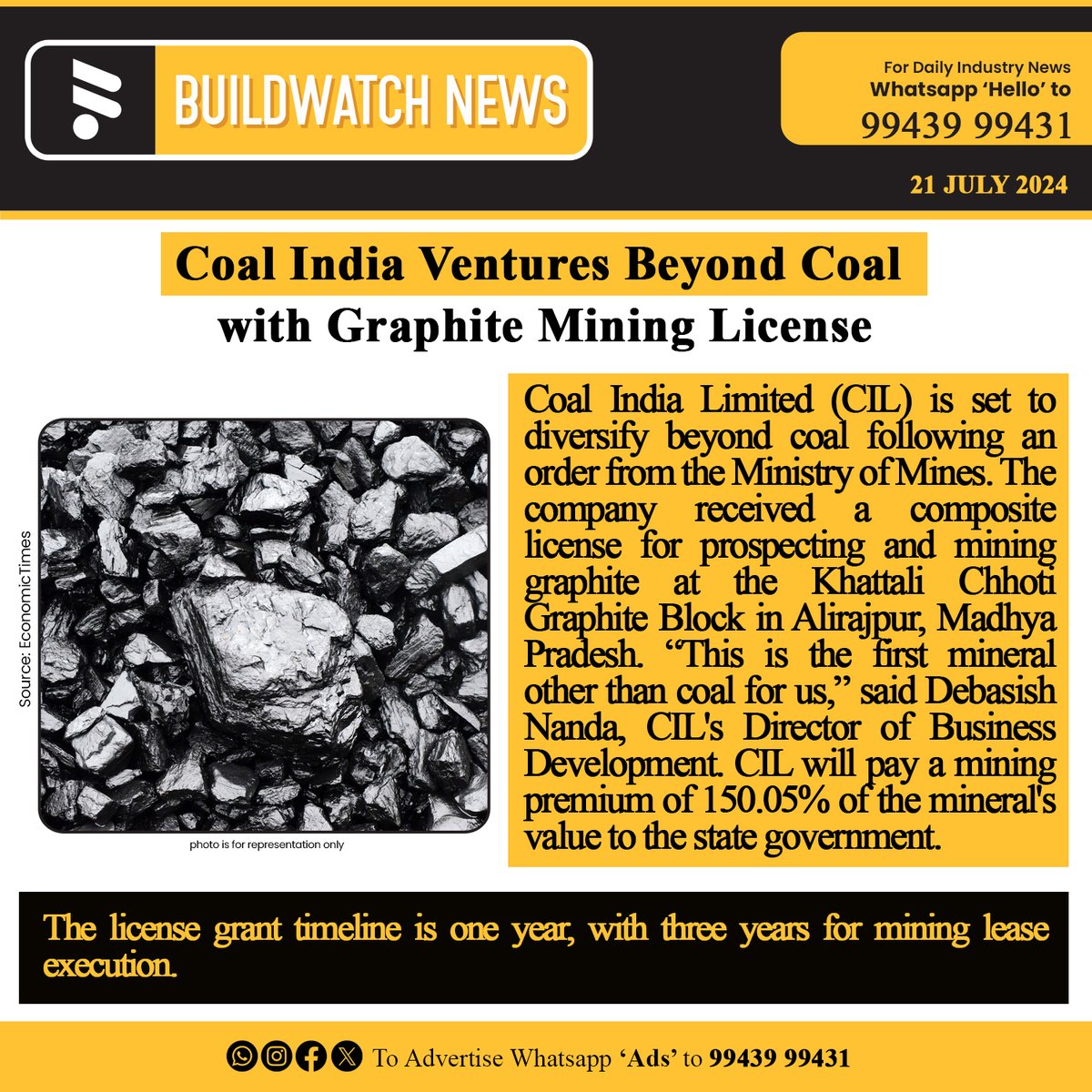 BuildWatchNEWS's tweet image. Coal India Ventures Beyond Coal with Graphite Mining License

#CoalIndia
#MiningNews
#GraphiteMining
#MadhyaPradesh
#MineralExploration
#MiningIndustry
#SustainableMining
#BusinessDevelopment
#MiningUpdates
#GraphiteIndustry
#MiningLife
#ResourceManagement