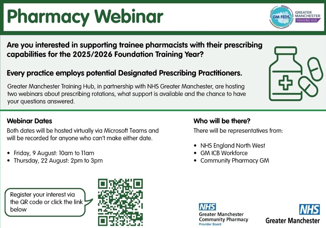 RT 
📢 Do you work across Greater Manchester as a prescriber? Can you support our future pharmacists with their 2025/2026 Foundation training year? Attend one of the two webinars to find out more and have your questions answered!!