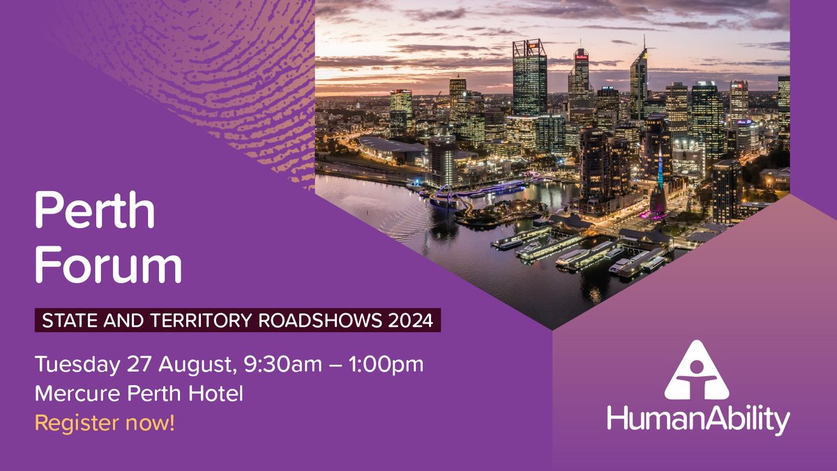 HumanAbilityLtd's tweet photo. We're coming to #Perth for the next stop on our HumanAbility State and Territory Roadshow! Join us on Tuesday 27 August by clicking the link https://t.co/oRaK8gBpCe 
Let’s come together to create a more robust and skilled workforce for our community.
#HumanAbility #Forum https://t.co/RCYQVuLGui