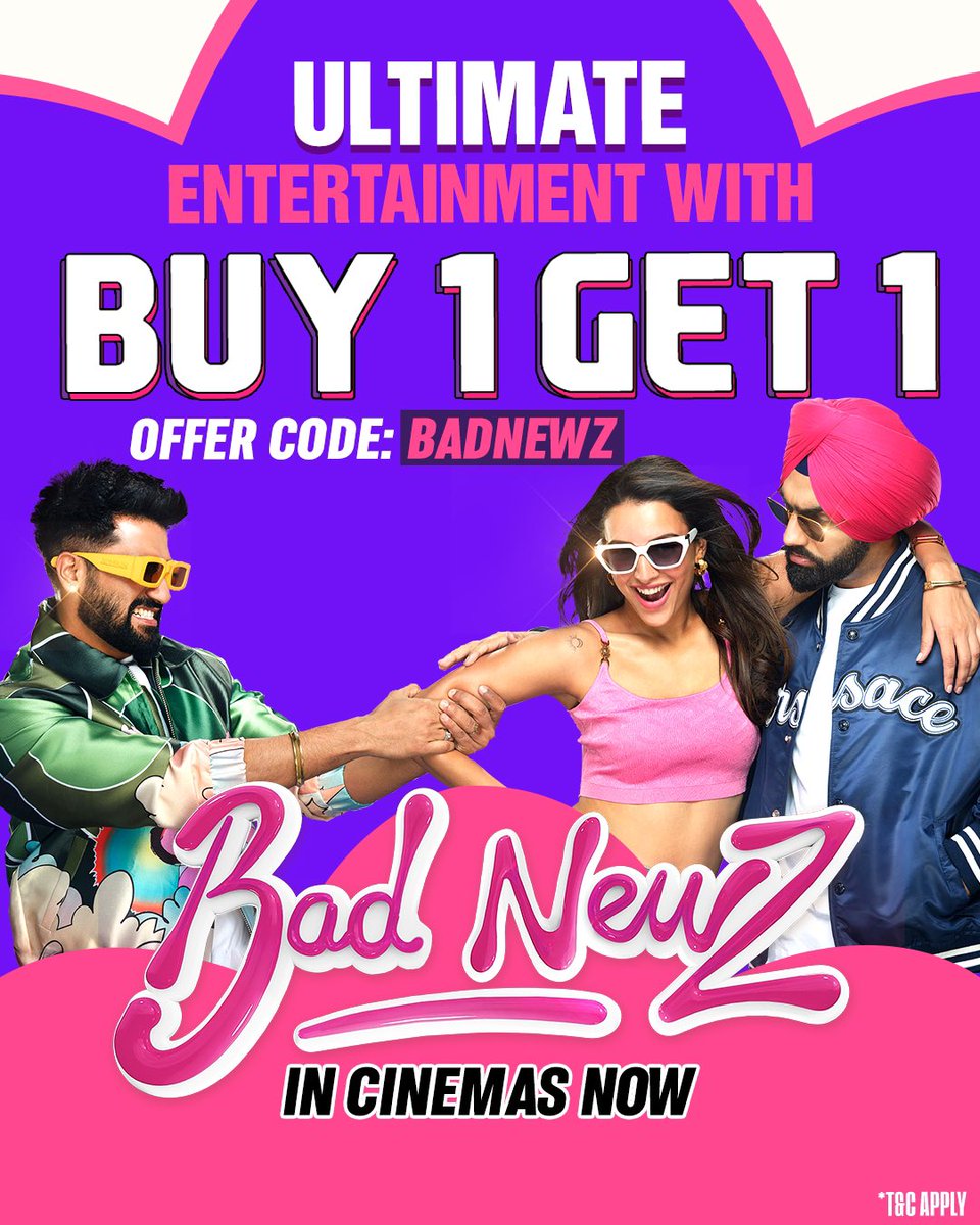 Dharma Productions (@dharmamovies) on Twitter photo Get non-stop entertainment and laughs with #BadNewz!🤩
Enjoy this exciting offer using the <a href="/bookmyshow/">BookMyShow</a> code!
IN CINEMAS NOW, book your tickets - bookmy.show/BadNewz
(T&C APPLY) Get non-stop entertainment and laughs with #BadNewz!🤩
Enjoy this exciting offer using the <a href="/bookmyshow/">BookMyShow</a> code!
IN CINEMAS NOW, book your tickets - bookmy.show/BadNewz
(T&C APPLY)