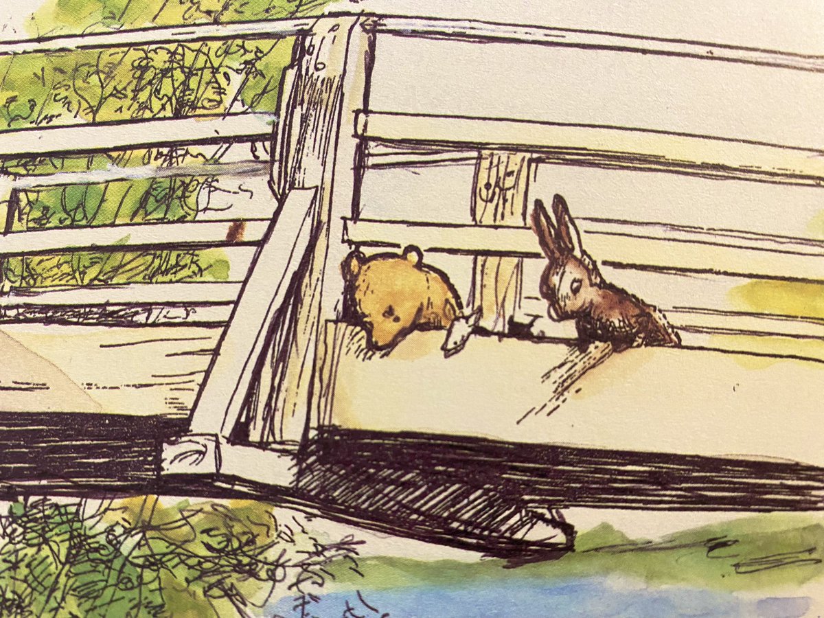 They were all playing Poohsticks together. They had dropped their sticks in when Rabbit said “Go!” and then they had hurried across to the other side of the bridge, and now they were all leaning over the edge, waiting to see whose stick would come out first. ~A.A.Milne #thursday