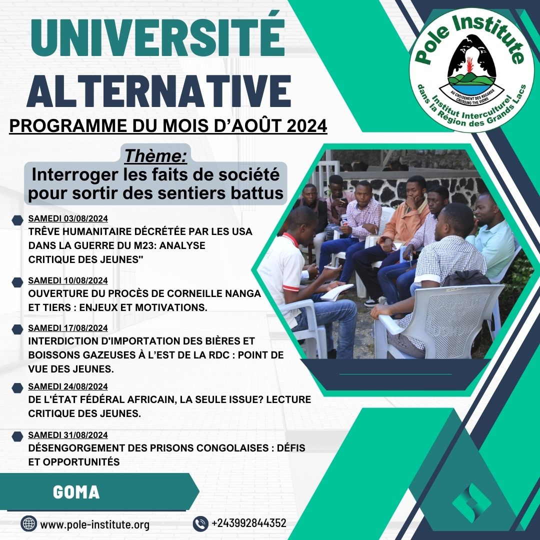 Pole Institute (@poleinstitute) on Twitter photo #UniversitéAlternative. Voici le rendez-vous du moi d'Août
<a href="/NeneMorisho/">Nene Morisho</a> <a href="/BROT_furdiewelt/">Brot für die Welt</a> <a href="/phidiasenge/">Phidias A. Senge-Milemba</a> <a href="/kaluwing/">KALUBI UWINGABE JOSEPHA</a> <a href="/isaac_muchele/">Isaac Muchele</a> <a href="/kaskongo/">Konrad-Adenauer-Stiftung DR Kongo</a> <a href="/innocent_mpoze/">Innocent Mpoze</a> <a href="/UEenRDC/">UE en RDC🇪🇺</a> <a href="/AsblDyjap/">DYJAP-Asbl</a> <a href="/GaarjOrg/">GAARJ_Org</a> #UniversitéAlternative. Voici le rendez-vous du moi d'Août
<a href="/NeneMorisho/">Nene Morisho</a> <a href="/BROT_furdiewelt/">Brot für die Welt</a> <a href="/phidiasenge/">Phidias A. Senge-Milemba</a> <a href="/kaluwing/">KALUBI UWINGABE JOSEPHA</a> <a href="/isaac_muchele/">Isaac Muchele</a> <a href="/kaskongo/">Konrad-Adenauer-Stiftung DR Kongo</a> <a href="/innocent_mpoze/">Innocent Mpoze</a> <a href="/UEenRDC/">UE en RDC🇪🇺</a> <a href="/AsblDyjap/">DYJAP-Asbl</a> <a href="/GaarjOrg/">GAARJ_Org</a>