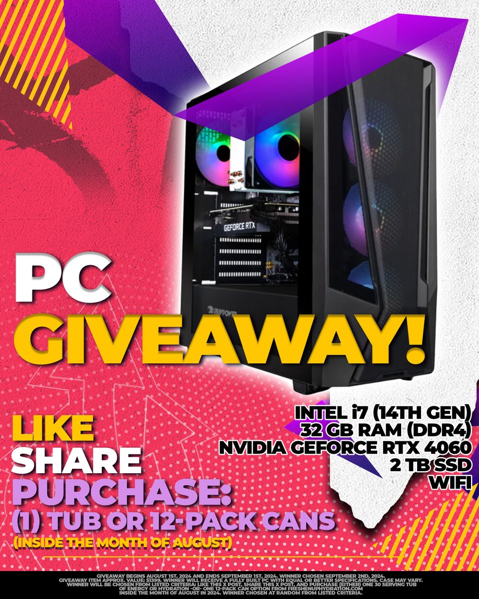 DrinkFreshenUp's tweet image. 🚨⚠️𝐇𝐔𝐆𝐄 𝐆𝐈𝐕𝐄𝐀𝐖𝐀𝐘 𝐀𝐋𝐄𝐑𝐓!⚠️🚨

Our 𝐁𝐈𝐆𝐆𝐄𝐒𝐓 giveaway 𝐄𝐕𝐄𝐑 is here!

We are giving away a PC!🤯

How to Enter:
-LIKE👍
-REPOST♻️
-Purchase (1) energy or hydration tub 𝗢𝗥 12-Pack cans from freshenuphydration.com inside August 2024✅

GET👏 ENTERED!👏