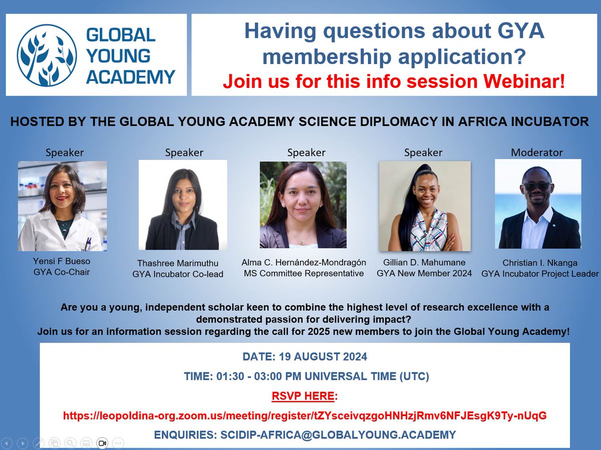 Our Science Diplomacy in Africa Incubator group will present the workshop "Having questions about your GYA membership application?” on 19 August at 13:30 UTC. 
This is an opportunity to involve #ECRs not represented at the GYA, and encourage more applicants to contribute to the