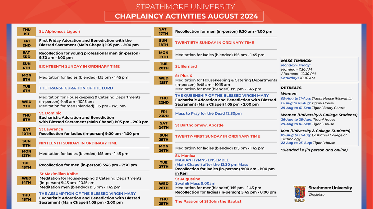 suchaplaincy's tweet photo. Welcome to August!!!🥳
Below is the Chaplaincy Calendar showcasing all important dates and events this month https://t.co/hJNzKerqvy