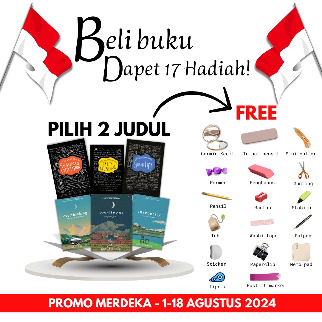 PROMO AGUSTUSAN!!! 🇮🇩

BELI BUKU, GRATIS 17 HADIAH. 🇮🇩

Hadiahnya apa aja? Belinya di mana?

Langsung ke sini, ya:
id.shp.ee/DH1NWLa