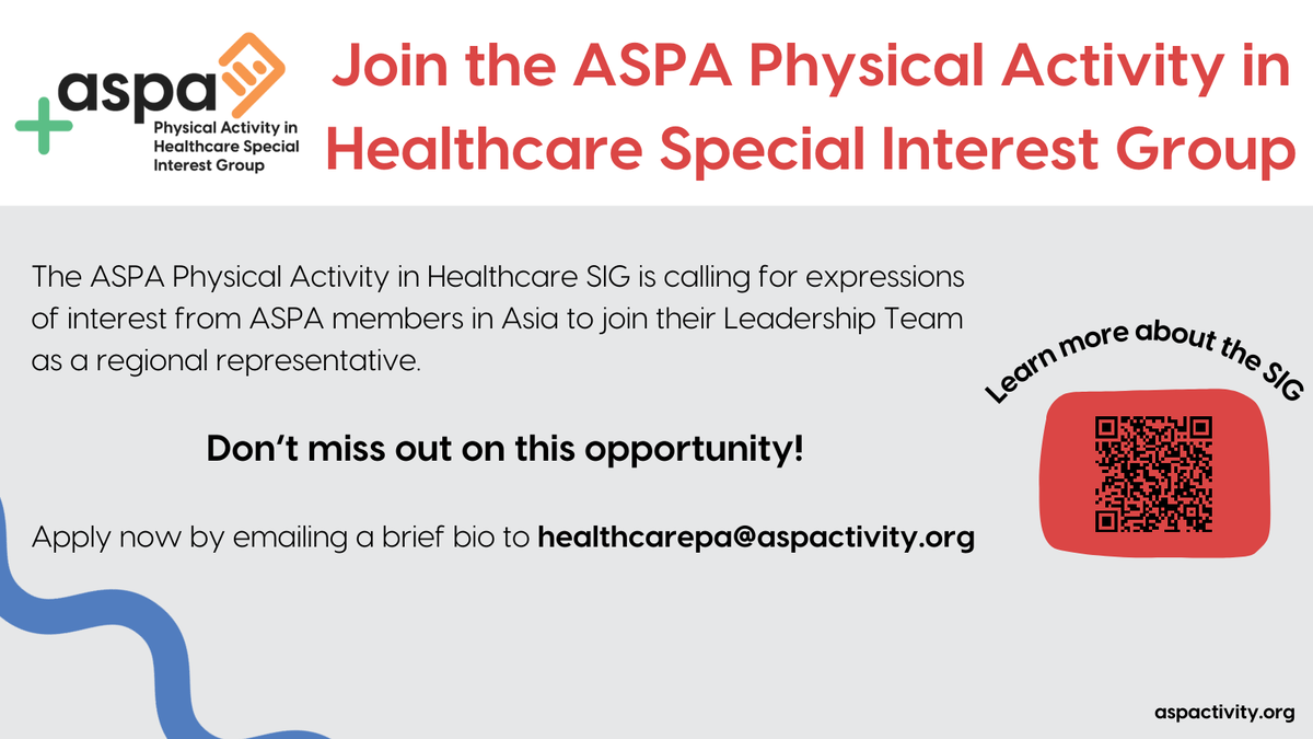 Asia-Pacific Society for Physical Activity (@aspactivity) on Twitter photo Our Physical Activity in Healthcare SIG are looking for an ASPA Member from Asia to join their Leadership Team as a regional representative!!
📧 To apply, email a brief bio to healthcarepa@aspactivity.org
Learn more about the SIG: aspactivity.org/special-intere… Our Physical Activity in Healthcare SIG are looking for an ASPA Member from Asia to join their Leadership Team as a regional representative!!
📧 To apply, email a brief bio to healthcarepa@aspactivity.org
Learn more about the SIG: aspactivity.org/special-intere…