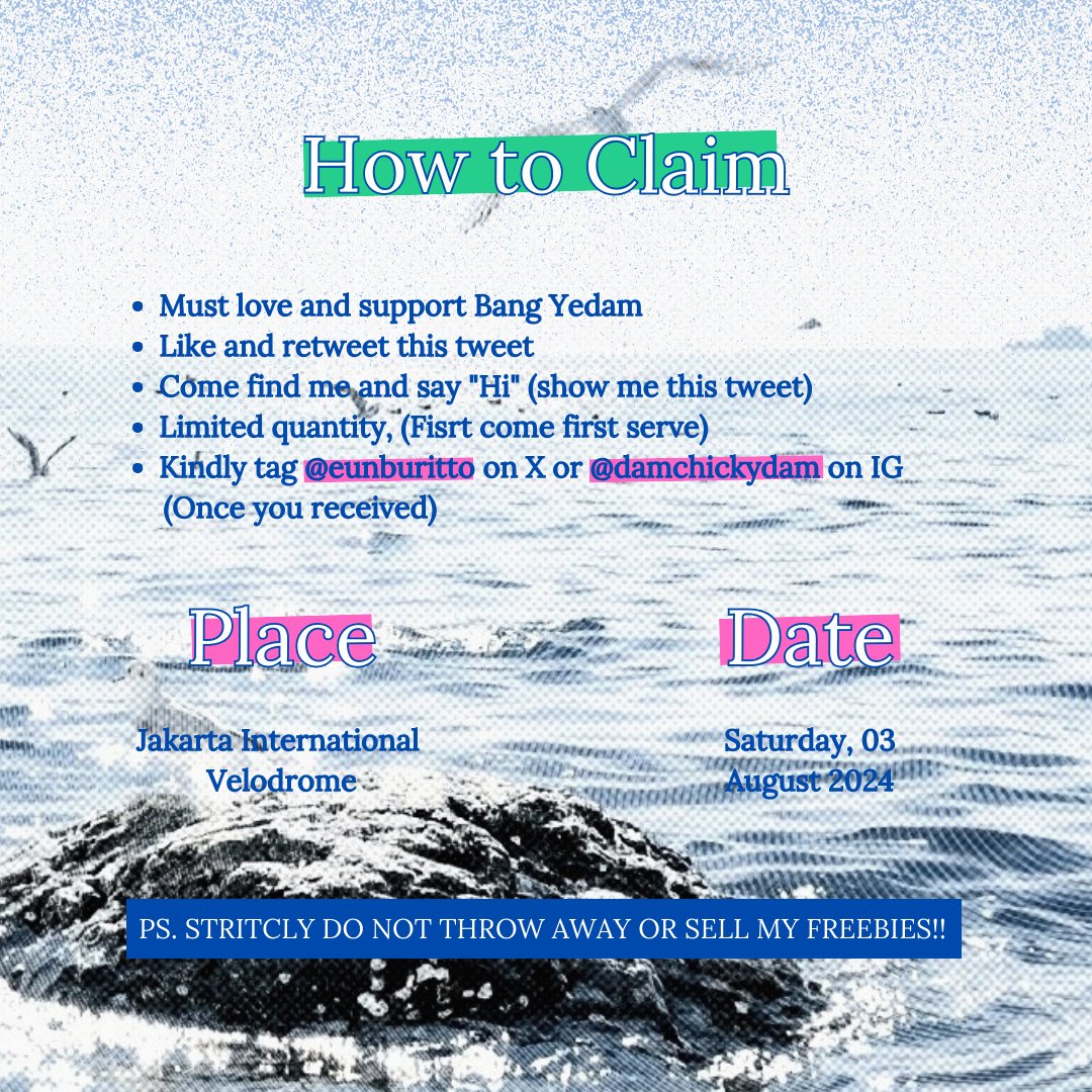 ᅠ

            𓆝 ... . Be Your D in Jakarta 🪼 ‧ ₊˚
                        freebies by <a href="/eunburitto/">卓</a>

[RTs and Likes r appreciate]
Limited qty, first come first serve • Kindly tag me if you receive one! • Below for details    ⤵

See yaa baidis ꪔ̤̥ · ₊ ˚ ◜𓆟  ˚.