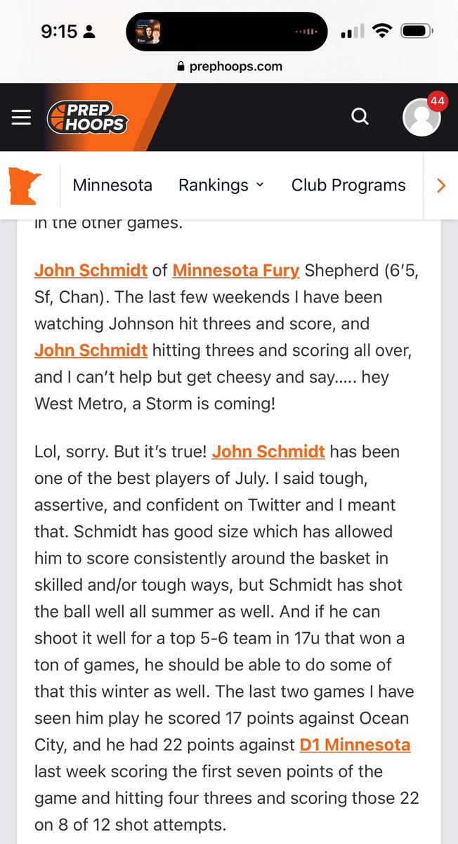 <a href="/john_schmidt54/">John Schmidt</a> is one of the best scorers in the mid range in the state! His 3 point shot got better as the season went along also. He uses his length well on offense and defense. What I’m most proud of is how accepting he is to being coached hard. Big things coming at Chan!