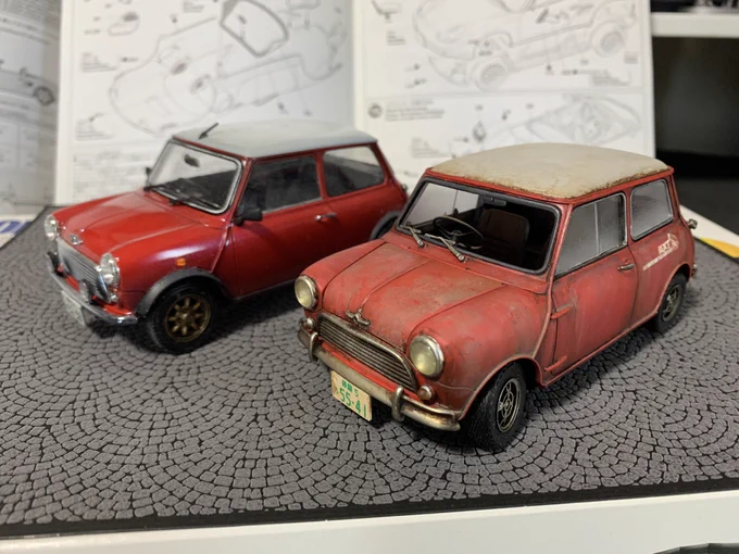 タミヤのミニクーパー、絶版レアキットなのにフロントガラスを紛失したのでオンボロ車にしました。ハセガワのと比較すると結構違いますね。 #プラモデル楽しんで委員会 