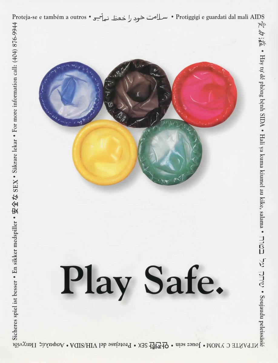 MyFabDisease's tweet photo. During the 1996 Atlanta Olympic Games  #HIV #AIDS activists distributed a flyer that said "PLAY SAFE" in multiple languages. The IOC was not amused and we had to be stealth to avoid getting sued. What a blast. (We also snuck condoms into the village.) https://t.co/gwbuJc2qyL