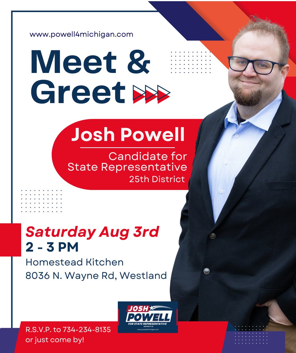 powell4westland's tweet photo. I want to meet YOU! This Saturday Meet & Greet at Homestead Kitchen in Westland. There is no cost to come and coffee/tea and treats will be available. #Michigan #cantonmichigan #dearbornheights #waynemi #westlandmichigan #elections #Election2024 https://t.co/1disz1wS7h