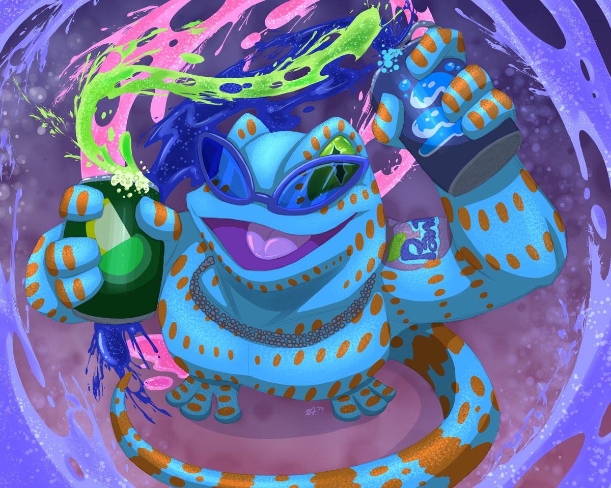 Attack on <a href="/lilgreenfox/">Lilgreenfox Streaming 👾🎨✨</a> of their Kaiju Gecko Dichk! He's TOTALLY RADICAL, WHOOOOOOAAAAGH~

(Only a few days remain... how many more attacks can I muster? 🤔)
#artfight2024 #artfightteamstardust