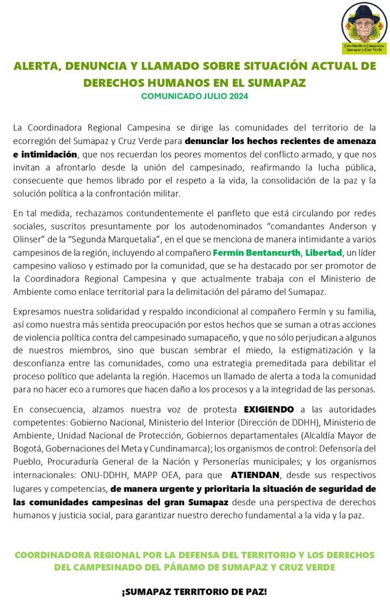 GloriaRamirezRi's tweet photo. El campesinado de Sumapaz siempre ha sobresalido por su entereza, defensa del territorio y la Paz. Lamento y rechazo las amenazas e intimidaciones contra campesinos como el líder Fermín Bentancurth Libertad. Es hora de La Paz. Urge frenar la guerra contra la población civil. https://t.co/whxyMF4S7M