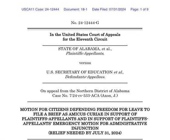 cdfusa's tweet photo. BREAKING: 11th Circuit BLOCKS new Title IX rules from taking effect TOMORROW in AL, FL, GA after CDF files amicus brief. Brief EXPOSES DOE's blatant overreach in redefining "sex" in Title IX. Major victory for #ParentalRights! #TitleIX #EducationLaw https://t.co/rYxMPF6uEX