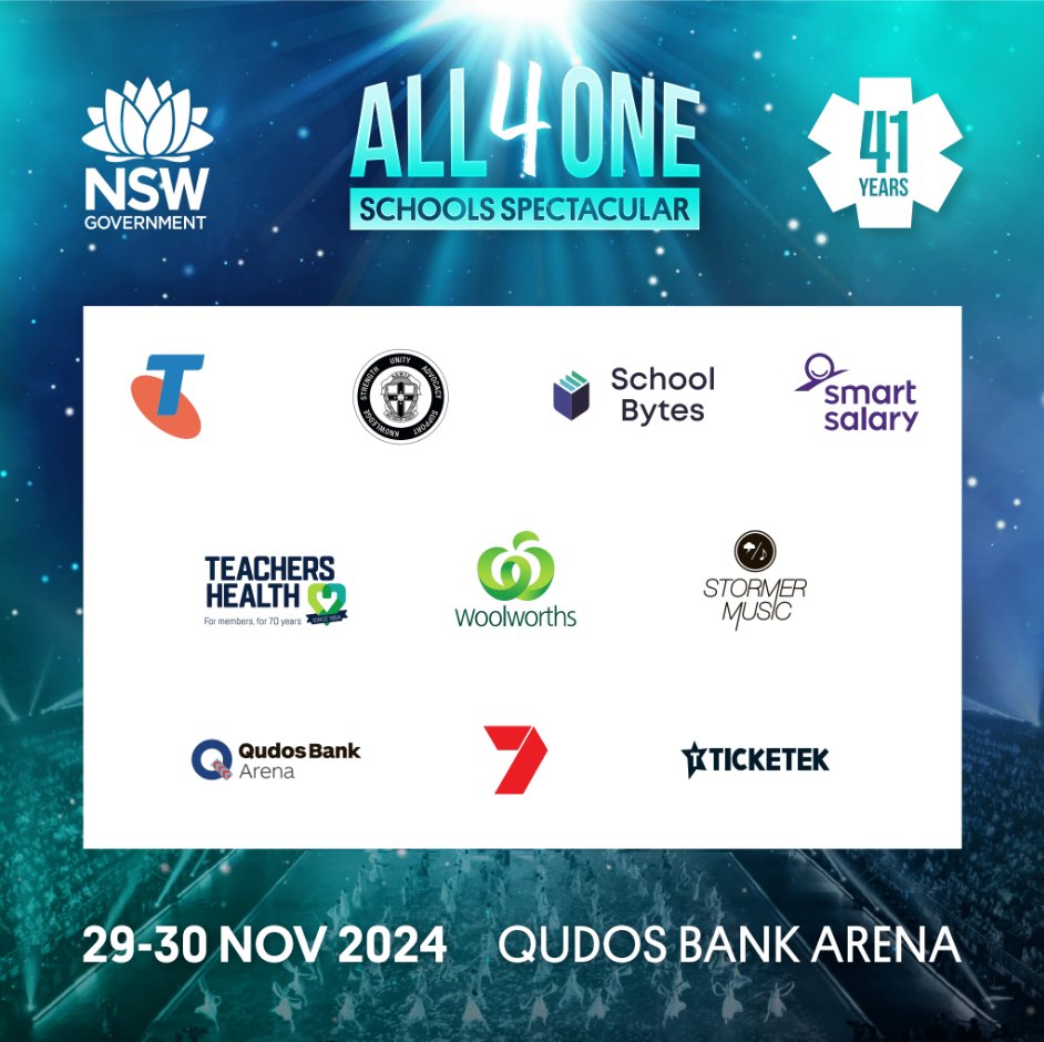We're excited to announce our wonderful sponsors, supporters and event partners for 2024: Telstra, NSW Teachers Federation, School Bytes, Smartsalary, Teachers Health, Woolworths, Stormer Music, Qudos Bank Arena, Channel 7, and Ticketek Australia. Thank you for your support!