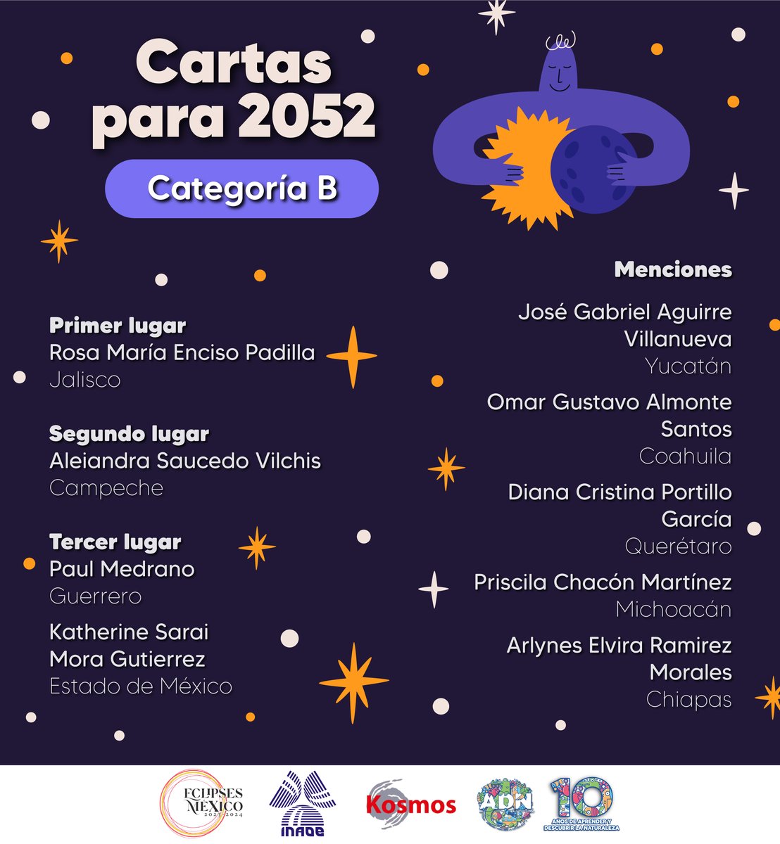 ¡Gracias a todas las personas que enviaron sus cartas para narrar lo vivido durante los eclipses de 2023 y 2024 a las generaciones futuras! 🌞🌚

A lo largo de esta semana enviaremos un correo a los ganadores para concretar la entrega de premios y constancias. 🎖