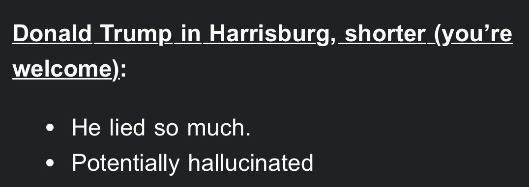 Victorshi2020's tweet image. NEW: The Kamala Harris campaign just released a statement summarizing Trump’s rally just now, saying he “lied so much &amp;amp; potentially hallucinated.” This campaign is holding back no punches &amp;amp; I love it.