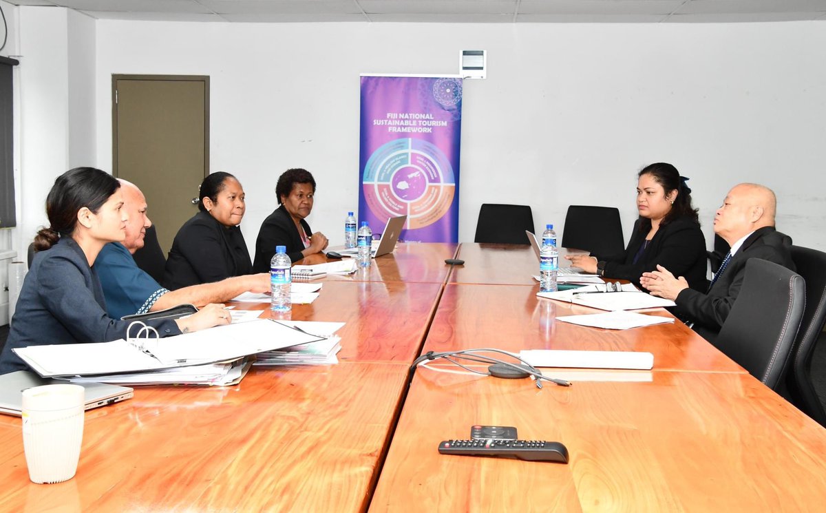 MTCAFiji's tweet photo. This morning, the Ministry, headed by Hon @ViliameGavoka met with the Attorney-General Hon. Graham Leung on the Ministry's legislative priorities. Central to the discussions was the modernization of legal frameworks overseeing the tourism and civil aviation industries. https://t.co/uJLzHfFUfC
