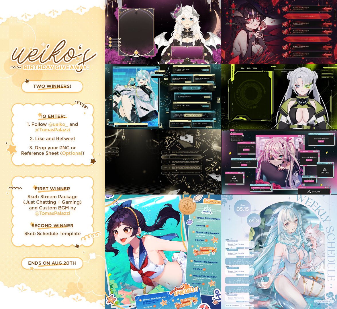 ueiko ๐ค comms open (@ueiko_) on Twitter photo ใ
ก Ueiko's Birthday Giveaway ๐ค
Two winners will be chosen!
To Enter:
- Follow <a href="/ueiko_/">ueiko ๐ค waitlist open</a> and <a href="/TomasPalazzi/">Tomรกs Palazzi</a>
- Like and RT
- Drop your PNG/Reference Sheet (Optional)
Ends on Aug 20th (My birthday ๐ฅณ)
#Vtuber #VTuberAssets ใ
ก Ueiko's Birthday Giveaway ๐ค
Two winners will be chosen!
To Enter:
- Follow <a href="/ueiko_/">ueiko ๐ค waitlist open</a> and <a href="/TomasPalazzi/">Tomรกs Palazzi</a>
- Like and RT
- Drop your PNG/Reference Sheet (Optional)
Ends on Aug 20th (My birthday ๐ฅณ)
#Vtuber #VTuberAssets