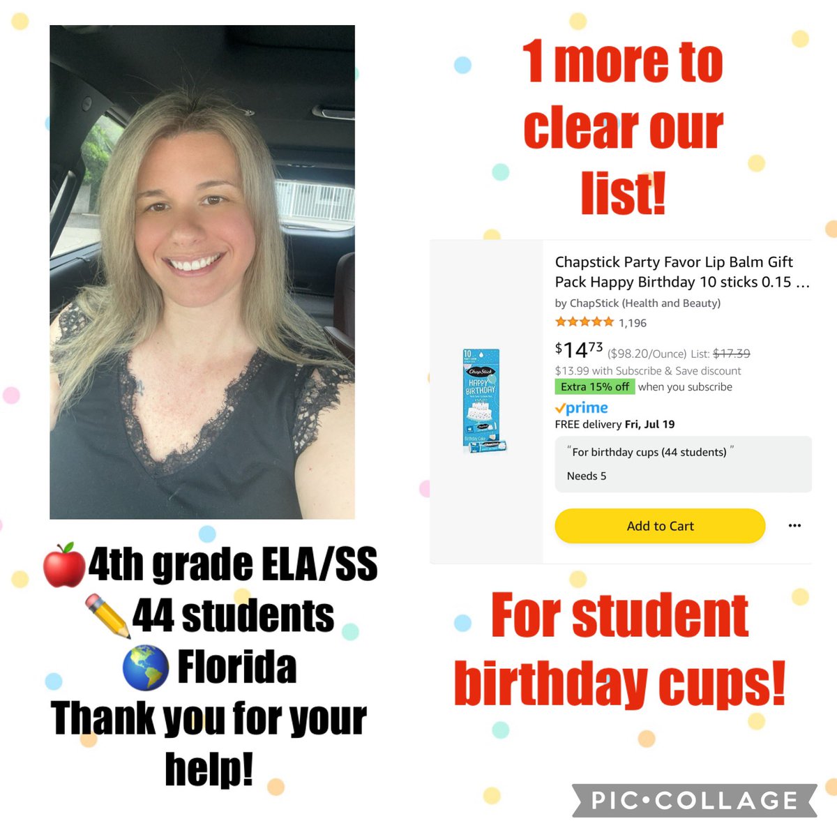 learntreasure's tweet photo. @mrsajhayes We are down to our LAST item to CLEAR OUR LIST! 🎉 These “Happy Birthday” chapsticks are sure to be the hit of the birthday cups I’m making for my 4th graders. Any help to make my students’ birthdays extra special is appreciated! 💕
https://t.co/trJBai4nTJ https://t.co/3APoyTtLO6