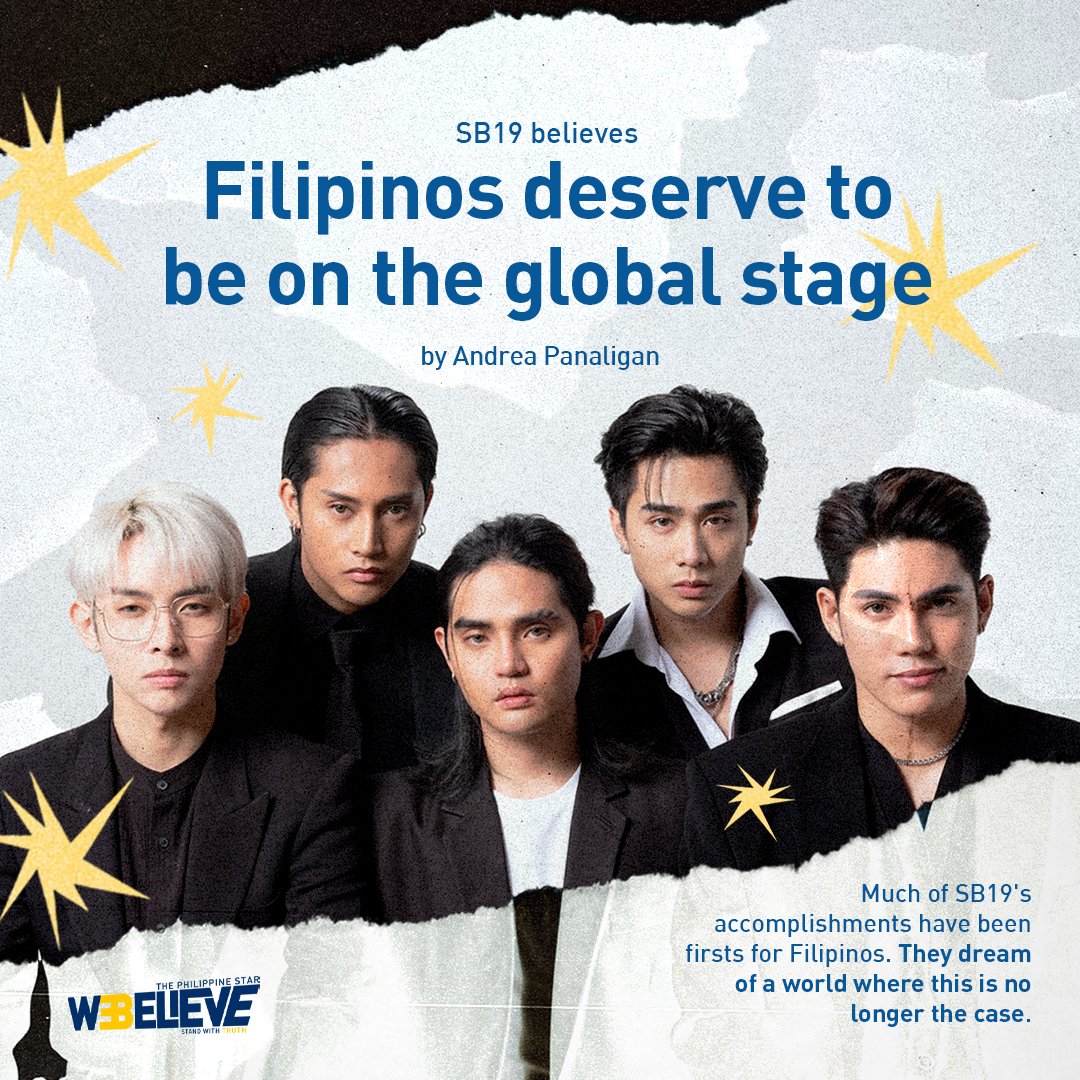 PhilippineStar's tweet photo. "Filipinos are naturally talented, and we’ve been trying to break boundaries to showcase those talents. We think it’s the perfect time for Filipino artists to be recognized and to show what we’ve got."

P-pop Kings @SB19Official is committed to breaking barriers and showcasing Filipino talent, driven by the belief that Filipinos deserve worldwide recognition.

✍🏻: Andrea Panaligan
🎨: Elleisha Angeles

READ: https://t.co/1COD0tjRnX

#PhilSTAR38
#W38ELIEVE