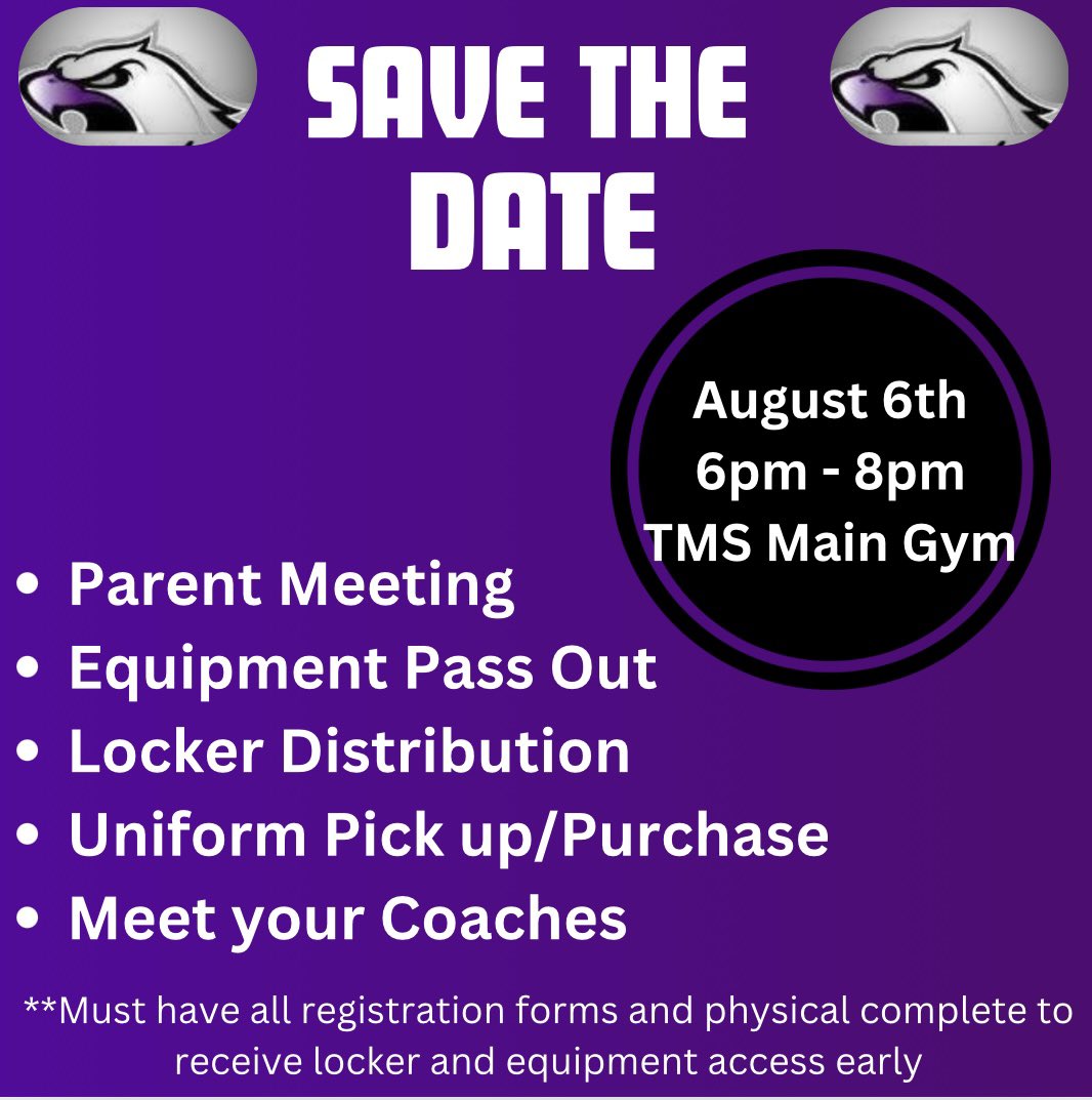 Hey @TimberviewMS SAVE THE DATE! Looking forward to seeing all of our TMS Boys Athletes and their families there. 
<a href="/TCHSFootball/">TCHS Falcon Football</a>