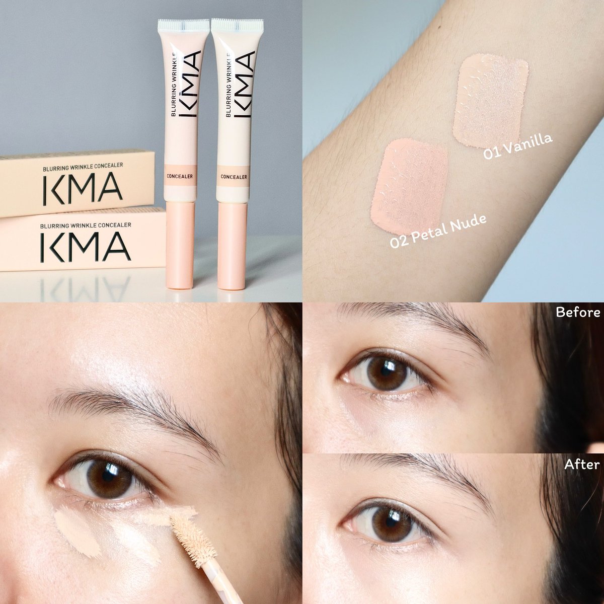 HN_PP08's tweet image. นี่ชอบรองพื้นของ #KMA มากๆ ล่าสุดได้ลอง #คอนซีลเลอร์ Blurring Wrinkle ของแบรนด์ จะบอกว่าชอบมากๆ💖 เนื้อดี นุ่มลื่น เกลี่ยง่ายสุบๆ ปกปิดรอยคล้ำใต้ตาได้ดี เราจะชอบทาแบบเกินๆลงมาหน้าแก้มเพื่อให้เบลอรูขุมขนด้วย เนื้อติดทน แนบไปกับผิว ฟินิชผิวยังมีความชุ่มชื่น ไม่แห้ง ไม่แคร๊ก👏🫶🏻
