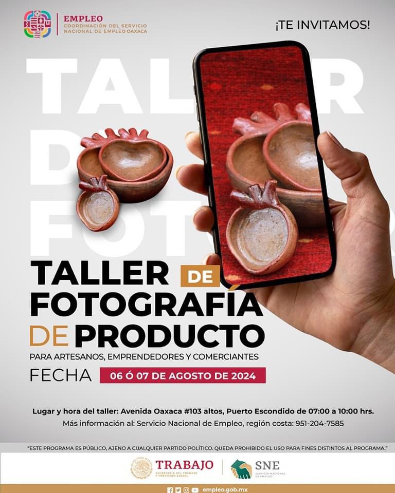 SNEOaxaca's tweet photo. TALLER DE FOTOGRAFÍA DE PRODUCTO 
ATENCIÓN REGIÓN DE LA COSTA 

Si eres una persona artesana, emprendedora o comerciante, te invitamos a participar en el "Taller de fotografía de producto".

Tenemos dos fechas para que puedas tomarlo: 6 ó 7 de agosto

Más información 951-204-7585 https://t.co/jzhldJ0JbB