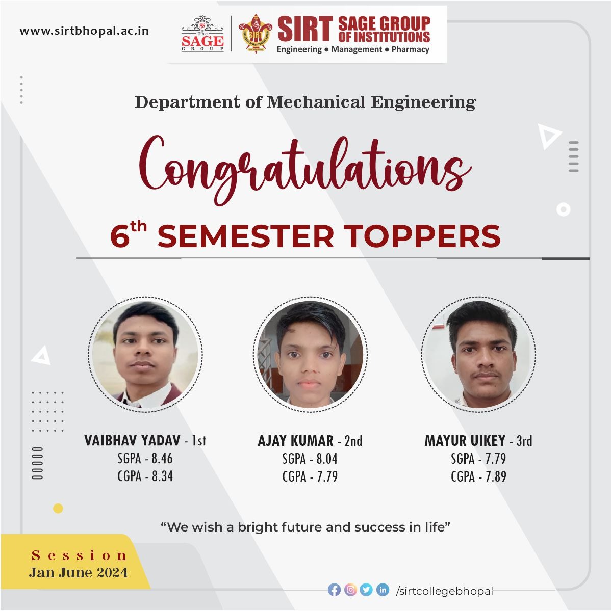 SIRT_BHOPAL's tweet photo. Heartily congratulations to the toppers✨
We wish you a Great Future Ahead.✨
#congratulation💫
#sirtcourses
#studentstalents
#studenthardwork
#AdmissionsOpen
#sirt
#sirtappliedsciencedepartment
#toppers
#TheSageGroup
#Thesagebhopal https://t.co/E3wd5rCAYb