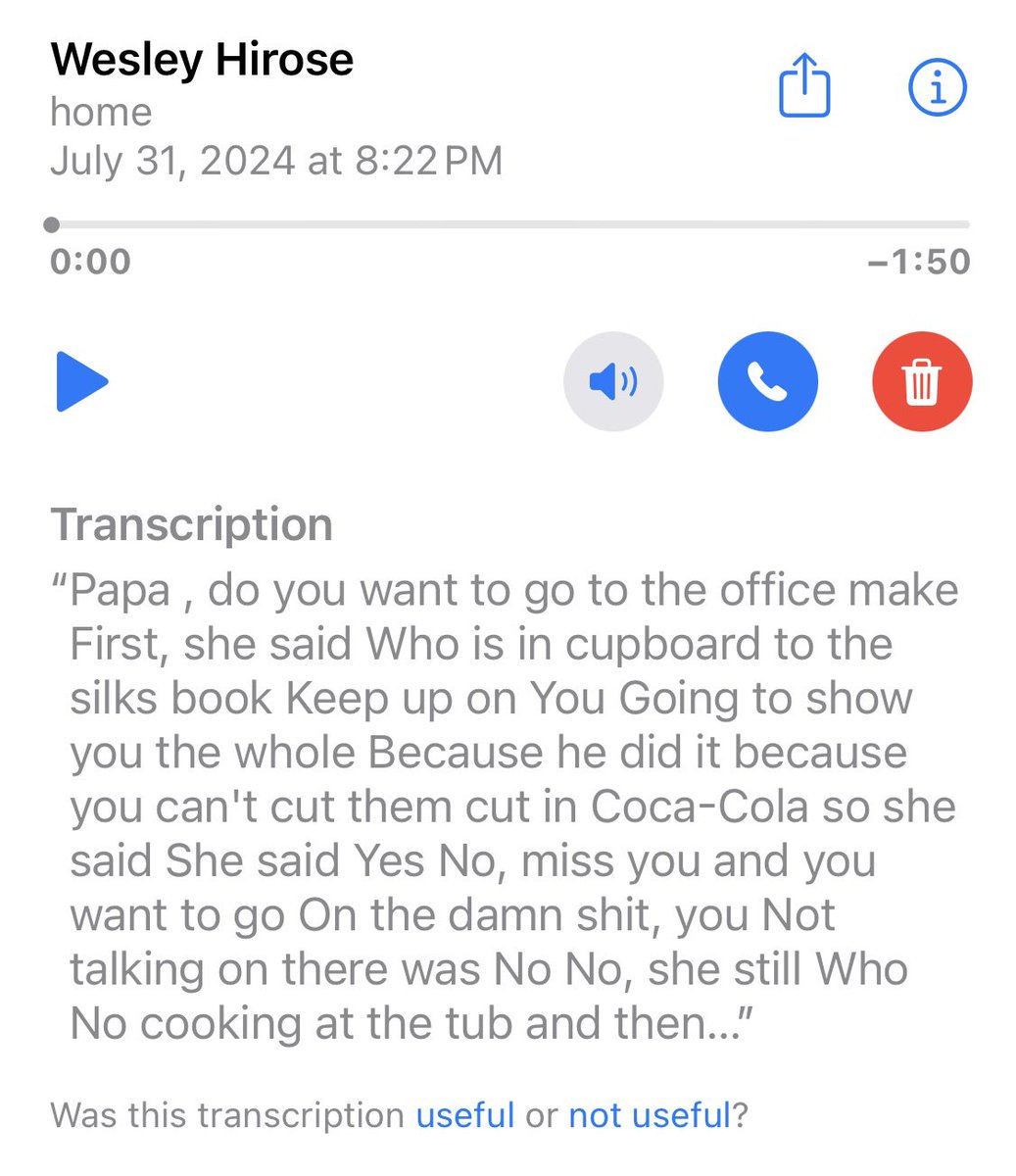 MarioTHirose's tweet photo. Mom leaves a voicemail in Japanese and this is what iPhone transcribes. No… #apple, this is “not useful”. https://t.co/H1ya6t33nv