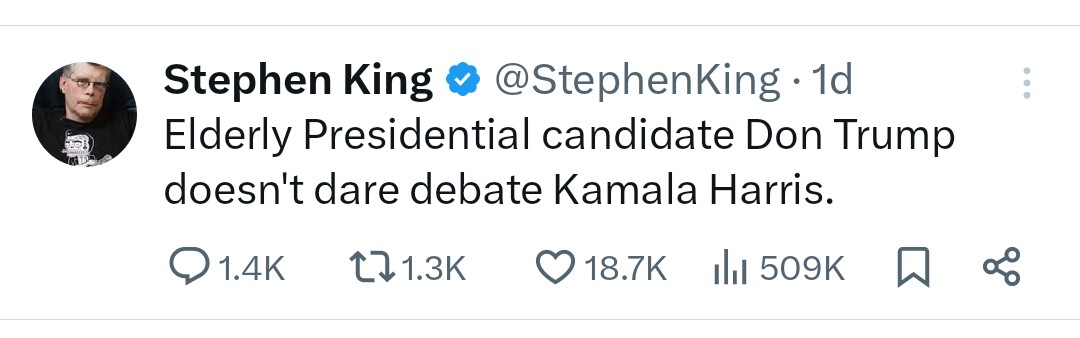 C_DevonPierce's tweet photo. @StephenKing Stephen, that's very insensitive, you know the properly acceptable term is Eldritch . . . https://t.co/vRUiJ3WJxn