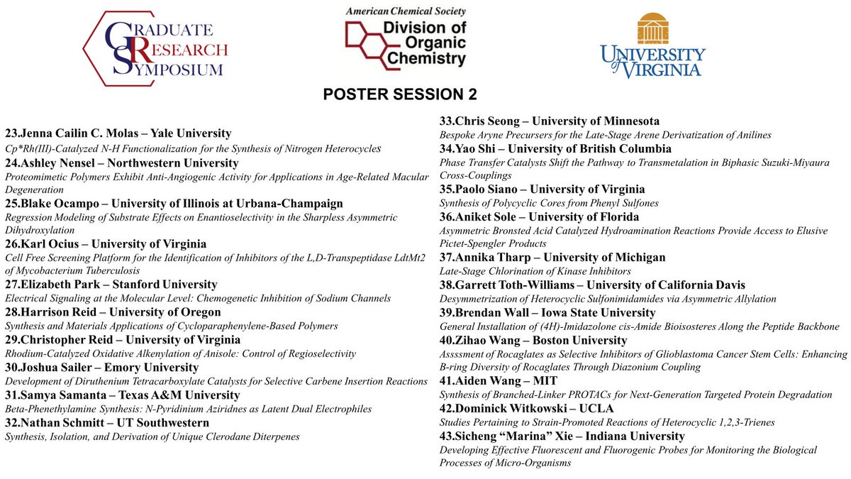 Congratulations to the amazing students who presented their posters during Poster Session 2 @ACSorganic2024 Graduate Research Symposium (GRS) <a href="/UVA/">UVA</a> on July 25-28! #2024ACSGRS #futuretalent