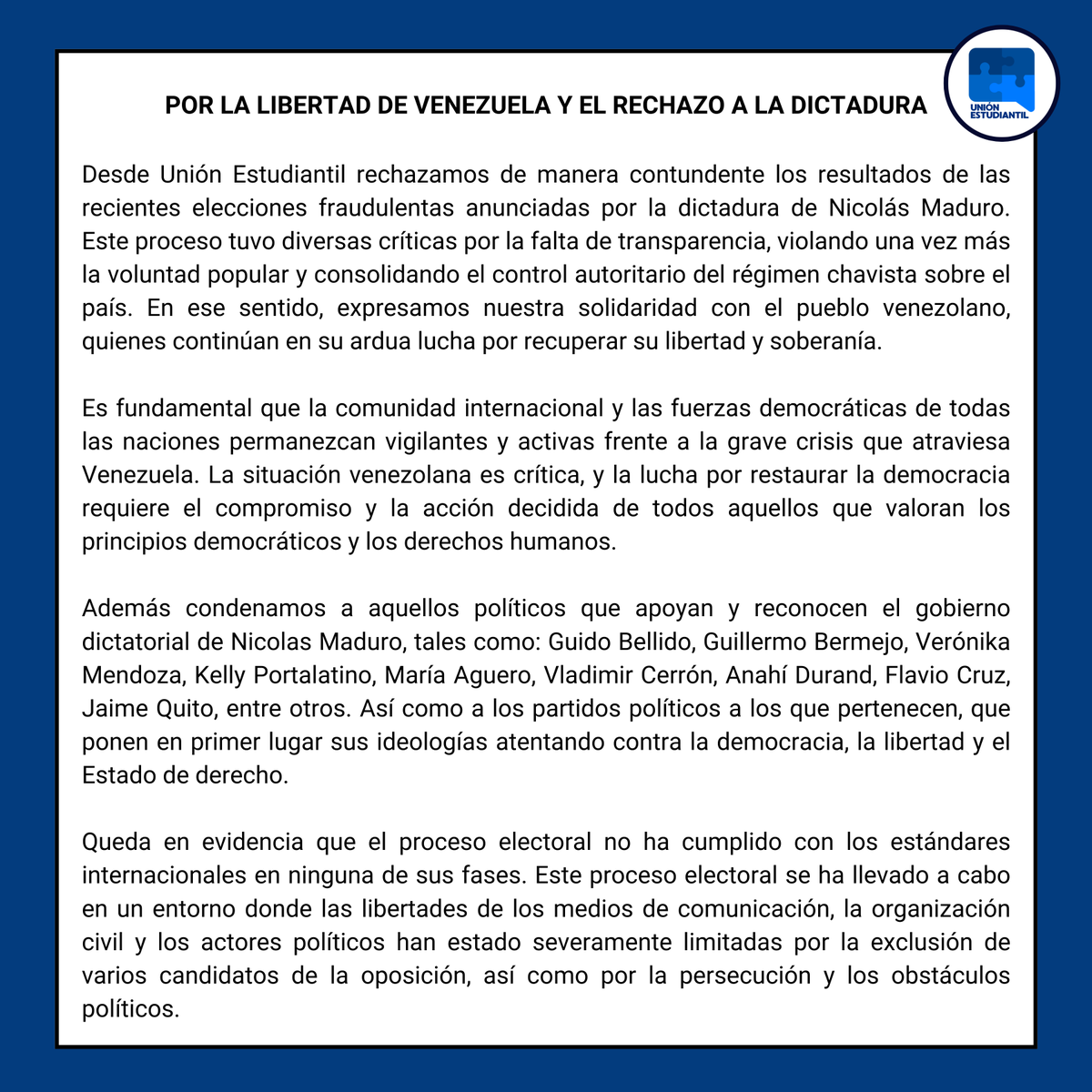 unespucp's tweet photo. PRONUNCIAMIENTO SOBRE LA SITUACIÓN POLÍTICA ELECTORAL DE VENEZUELA https://t.co/3Hd3JaEr8r