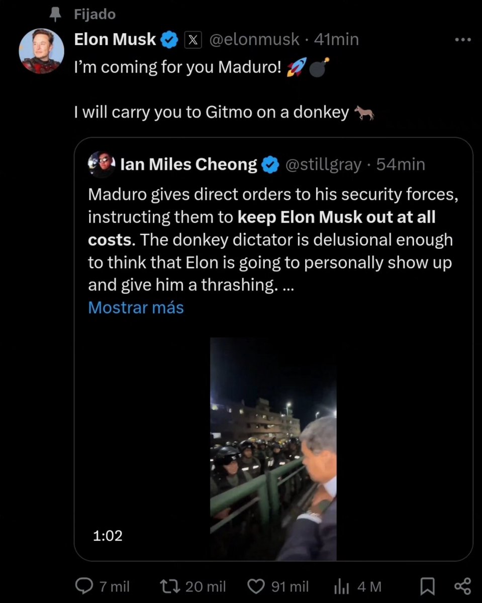 NoticiasBqto's tweet photo. 🇻🇪 ÚLTIMA HORA:
.
Elon Musk a Maduro:
.
"Voy por ti, te llevaré en burro a Guantanamo"
.
El multimillonario sudafricano y magnate de la tecnología, Elon Musk, lanzó una "amenaza" al mandatario venezolano, Nicolás Maduro, la noche de este miércoles #31Jul https://t.co/j7STQm6d8c