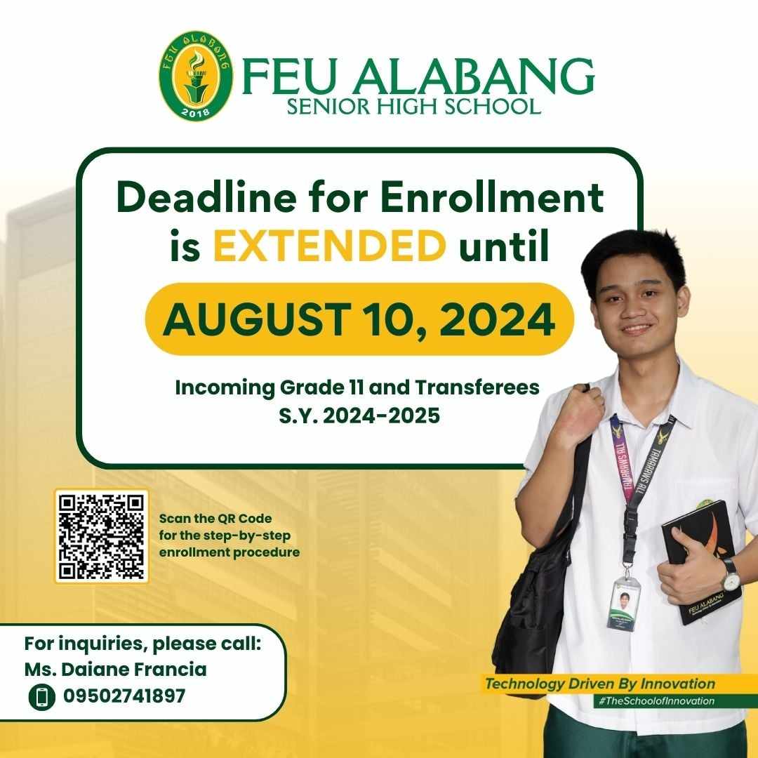 Good news, future Tamaraws! YOU can still be part of our growing FEU Alabang community for S.Y. 2024-2025!

𝗥𝗲𝗴𝗶𝘀𝘁𝗲𝗿 𝗻𝗼𝘄 for the FEU Senior High Admission Test (FEUSHAT) at bit.ly/feuregistration