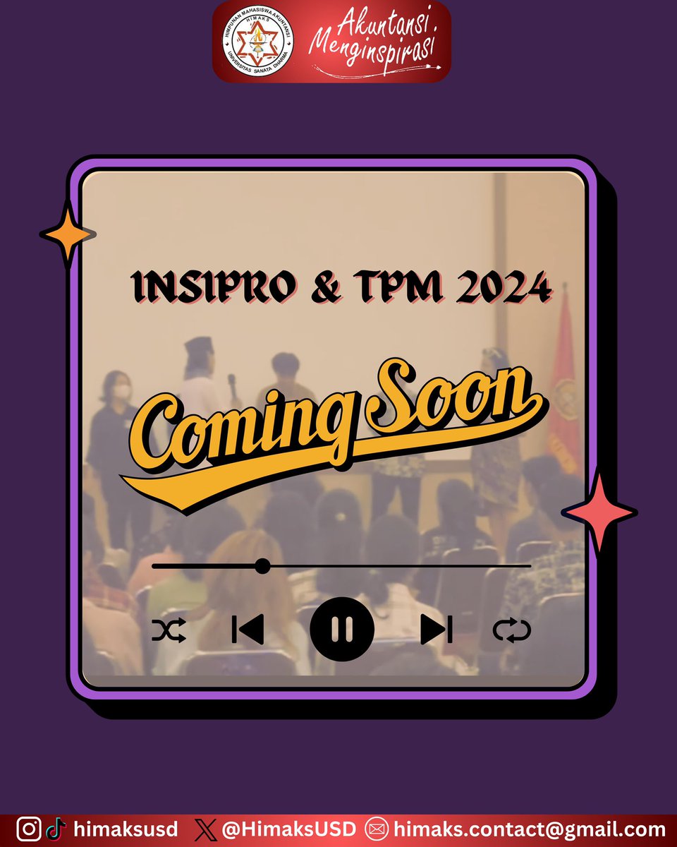 [ COMING SOON INSIPRO &amp; TPM 2024 ]

Haloo Sobat Akuntansii👋🏻
Wahh gak kerasaa ya tiba-tiba udah mau INSIPRO &amp; TPM lagiii, untuk maba jangan lupa pantau terus ya informasi di IG HIMAKS, see youu….🫶🏻

#AkuntansiMenginspirasi
 -Himpunan Mahasiswa Akuntansi-